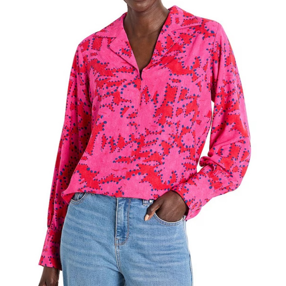 NIC+ZOE Woven Clashy Petals Print Notch Collar V-Neck Long Sleeve Blouse Size XS